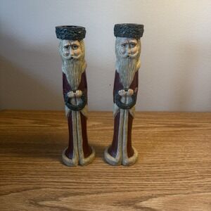 SANTA CANDLE STICK HOLDER SET‎ CHRISTMAS 8.75" CARVED LOOK VINTAGE OLD WORLD